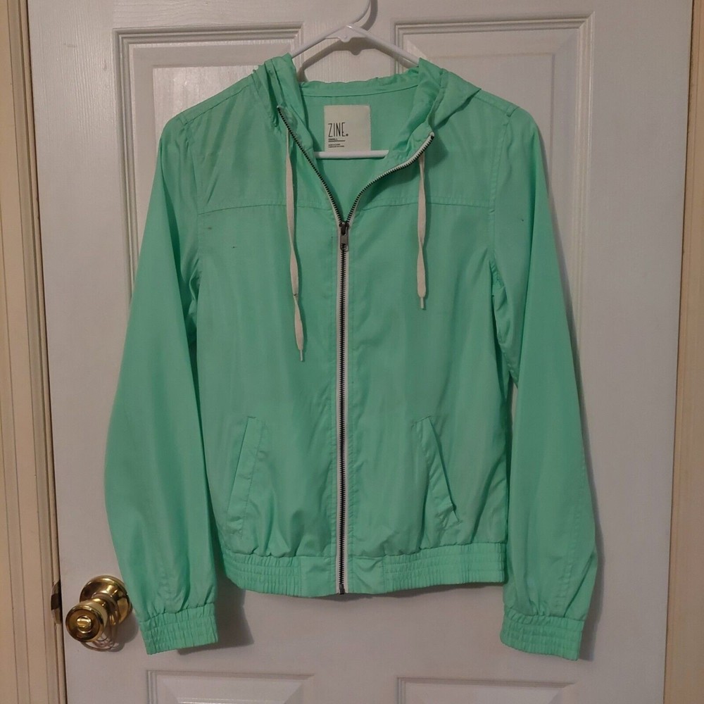 Zine Mint Green Full Zip Hooded Waterproof Windbreaker Rain Jacket Kawaii Size S